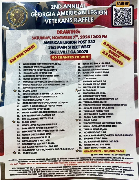 Flyer for the 2nd Annual Georgia American Legion Veterans Raffle at Post 232 in Snellville
