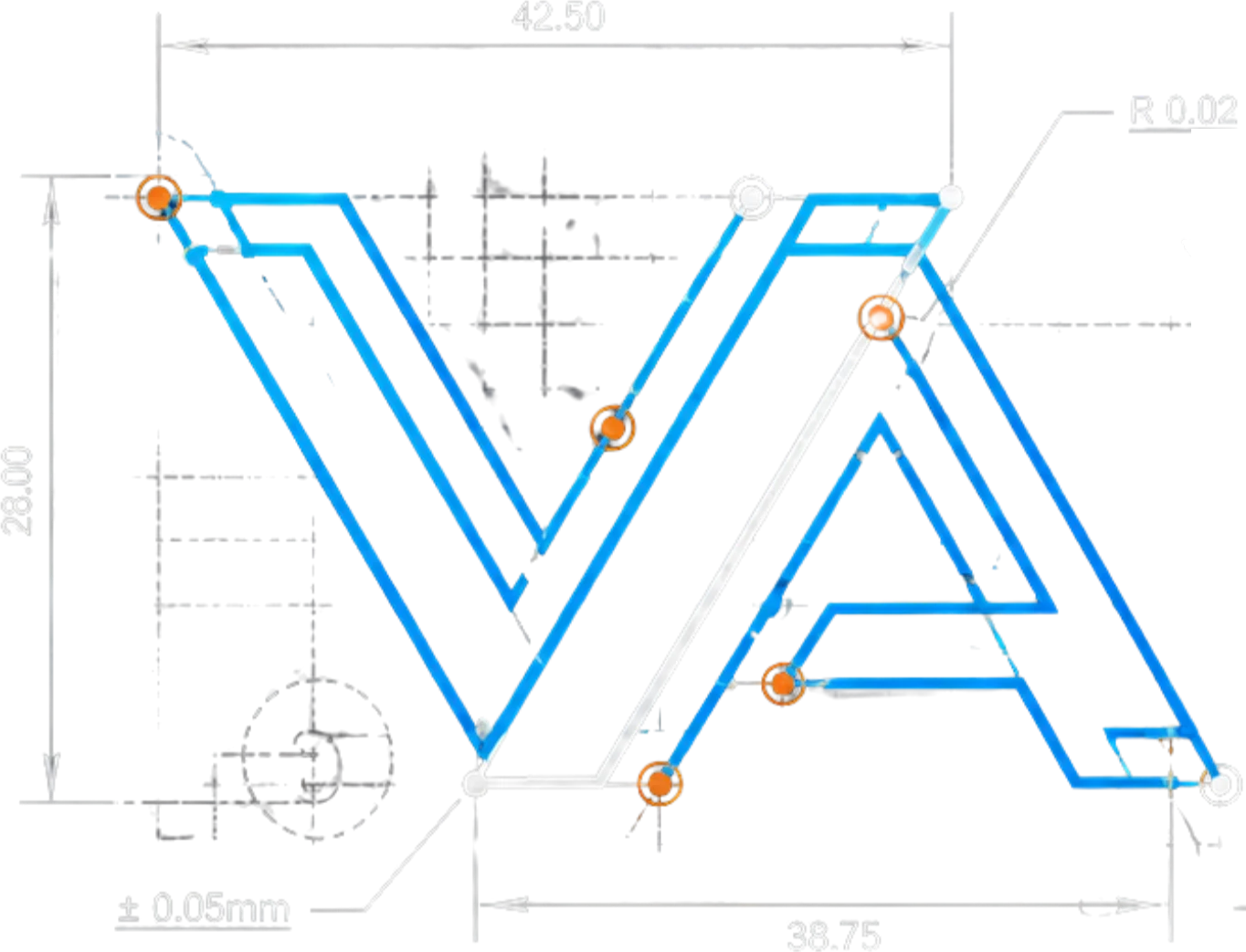 Vinyl Alchemy VA monogram rendered as a technical drafting sheet with dimension callouts