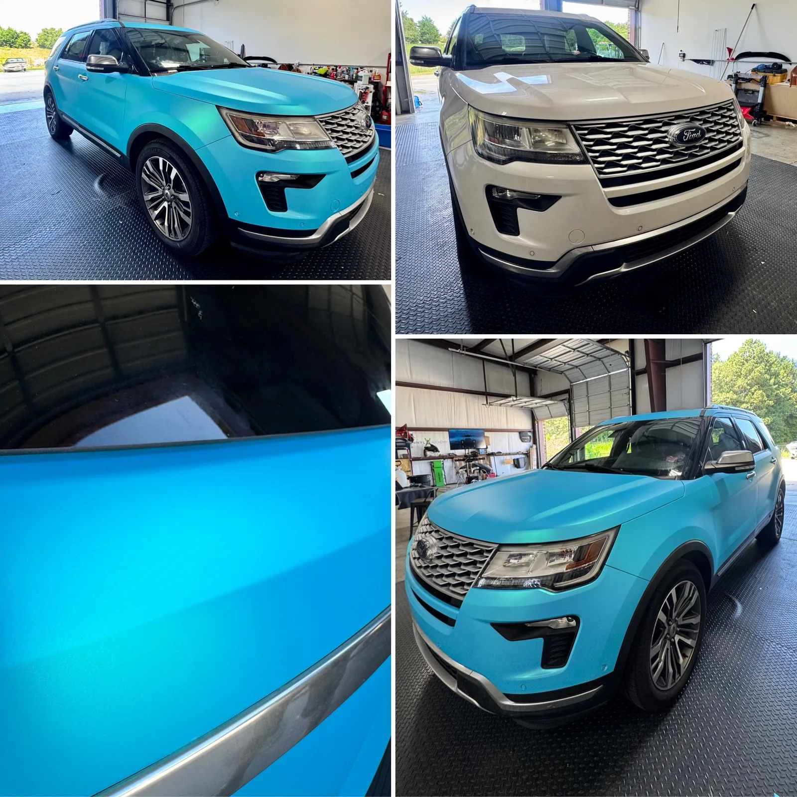 Ford Explorer color change: finished front, factory white before, satin finish detail, and finished three-quarter view