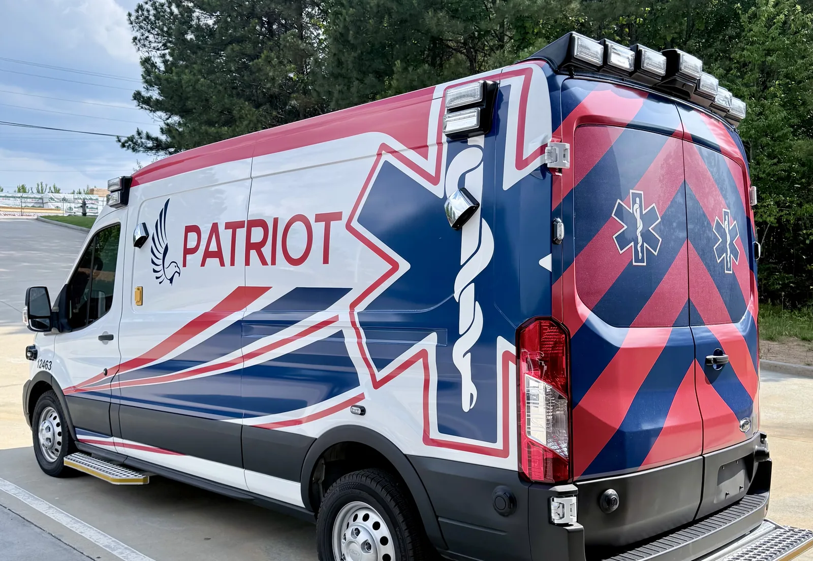 Patriot EMS Transit ambulance with full printed fleet graphics