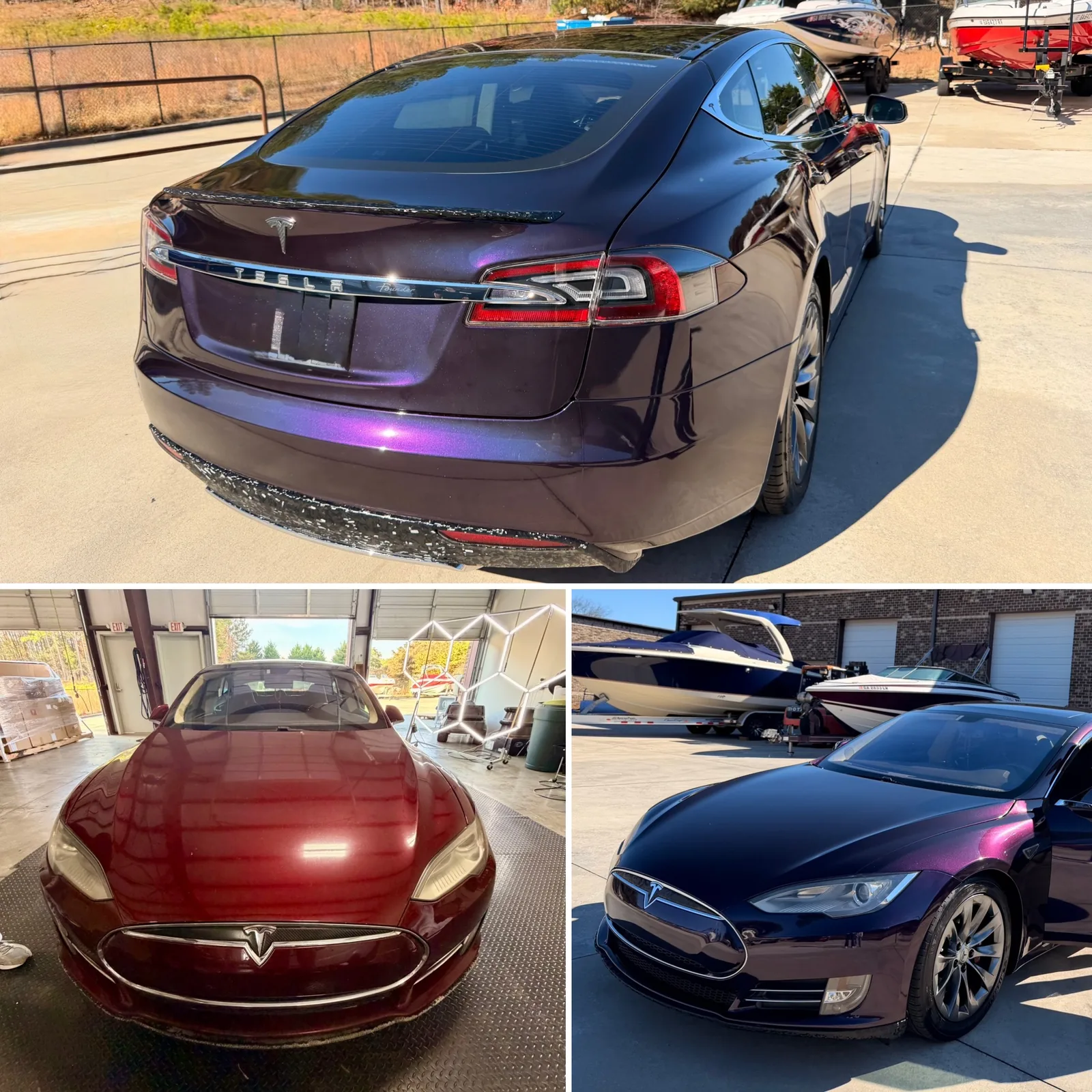 Tesla Model S before and after a color change from factory red to deep purple