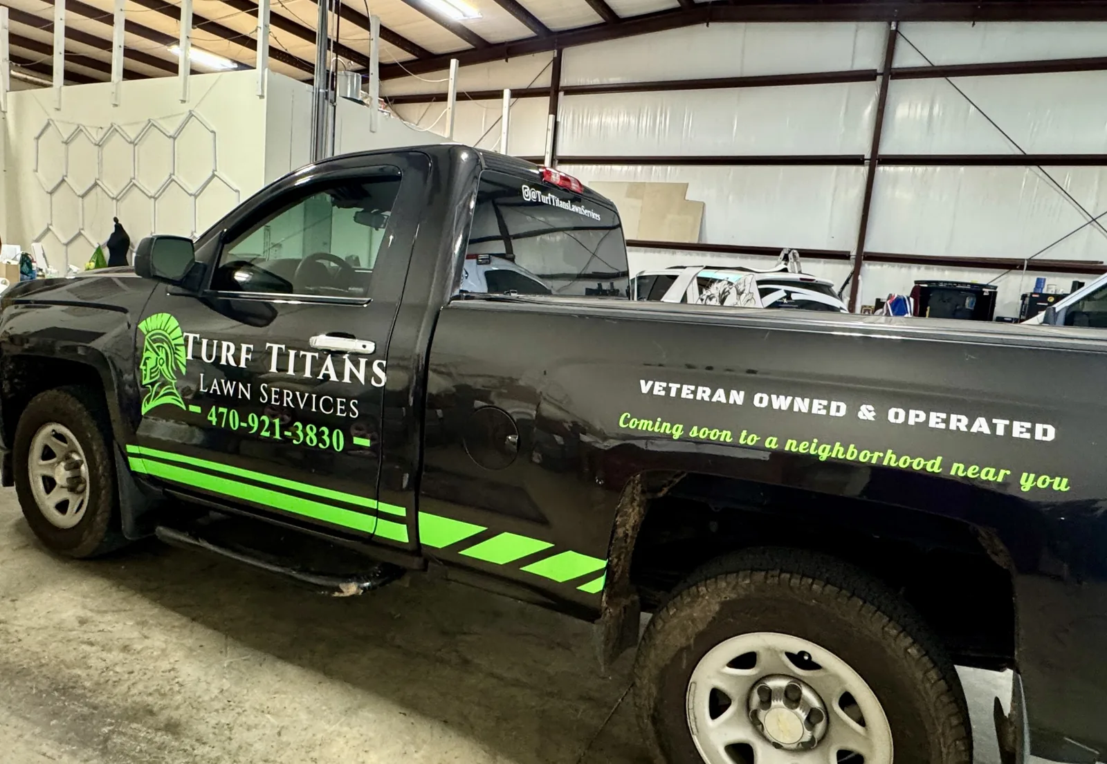 Turf Titans brand identity lettering designed and installed in-house at Vinyl Alchemy
